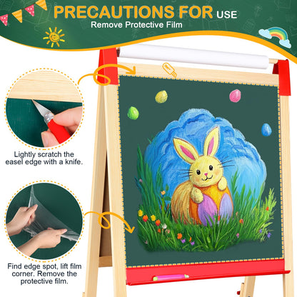 Easel for Kids,3 in 1 Adjustable Kids Art Drawing Easel Set,130+ Art Supplies,Wooden Double Sided Magnetic Chalkboard and White Board with Paper Roll,Painting for Aged 2-4,5-7,8-12
