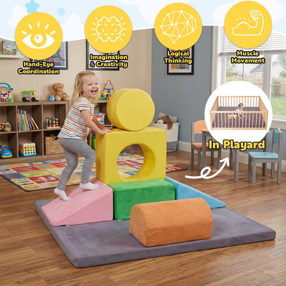 HAHASOLE 7-Piece Foam Climbing Blocks for Toddlers, Toddler Climbing Toys Indoor, Climb and Crawl Soft Foam Play Set with 47x47, 1.5" Thick Baby Play Mat for Floor, Removable & Machine-Washable Cover
