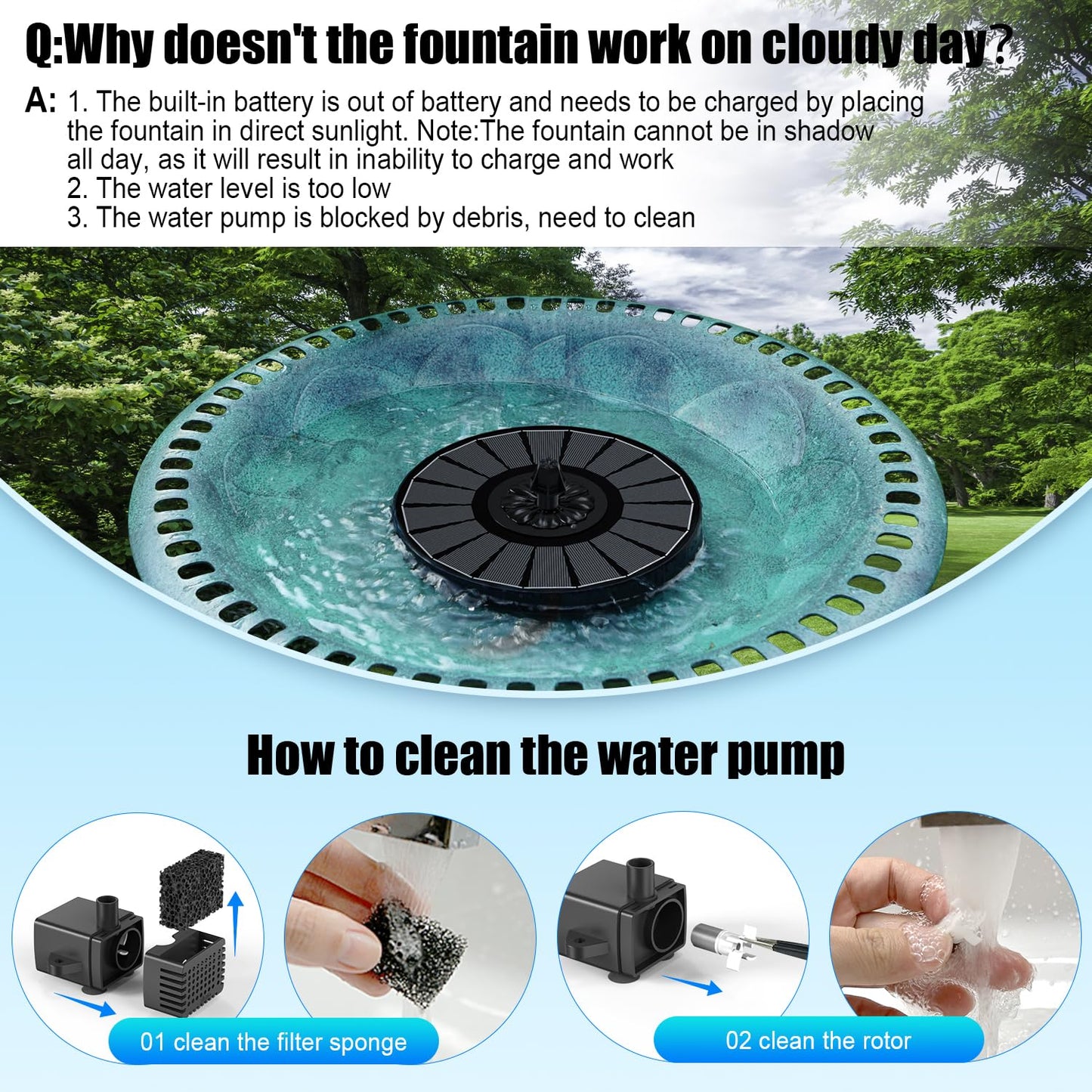 SZMP Solar Fountain Work On Cloudy Day,Solar Water Bird Bath Fountain with Faster Conversion Glass Solar Panel and Power Indicator,Built-in 2000mAh Battery,Outdoor Garden Decor(Black Panel)