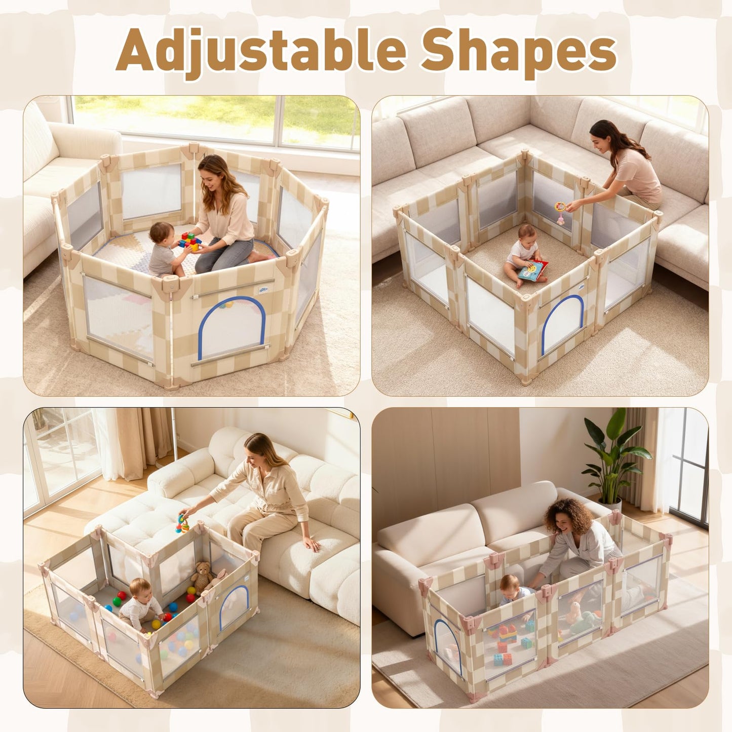 Tiny Marvels Baby Playpen, 50 x 50 in Play Pen for Babies and Toddlers, Foldable Baby Playpen, Play Yard for Infants with Breathable Mesh, Playard with Gate (Sand Checks,Mat not Included)