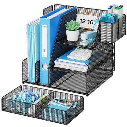 Marbrasse Desk Organizer and Accessories, 3-Tier File Organizer with Drawer and Pen Holder, Small Desktop Organizer and Storage for Workspace Office Supplies Black