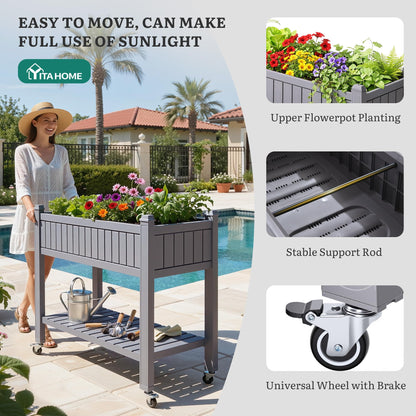 YITAHOME 42.5x17.3x35.4 in Raised Garden Bed, Outdoor Plastic Planter Box with Wheels, Legs, Drain Plug, and Storage Shelf for Plants, Vegetables, Flowers, Herbs, Brown