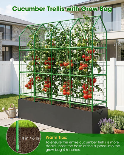 65" Cucumber Planter with Trellis for Climbing Plants Outdoor, Metal Garden Trellis for Raised Bed, Plant Support Structures with Netting for Cucumbers Tomatoes Beans Peas (67 * 17 * 65inch(L*W*H)