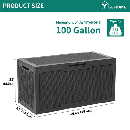 YITAHOME 100 Gallon Resin Deck Box, Weather Resistant Outdoor Storage Box, Lockable Indoor Outdoor Storage for Supplies and Essentials, Black