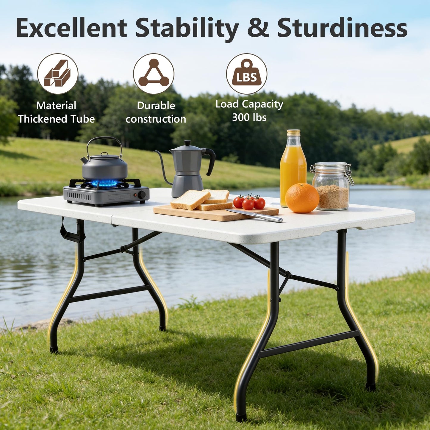 MAKE CHANGES Folding Table, 6 FT Foldable Plastic Table with Carrying Handle, Heavy Duty Portable Fold-in-Half Utility Table for Party, Camping, Banquet, Craft, Wedding, Indoor & Outdoor Use