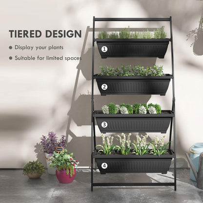 ZEnvya 4-Tier Vertical Raised Garden Bed with Stand - Self-Draining Outdoor Planter Set for Vegetables/Herbs, Black Plastic