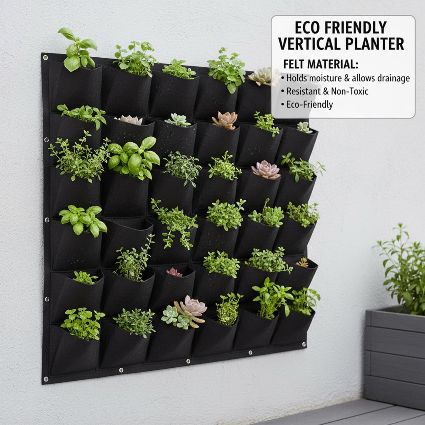 Ginwrek Wall Planter Vertical Garden Planter with 36 Pockets, Living Wall for Indoor Outdoor Use, Thick Non-Woven Fabric Planting Bag (Black, 39.4"x39.4")