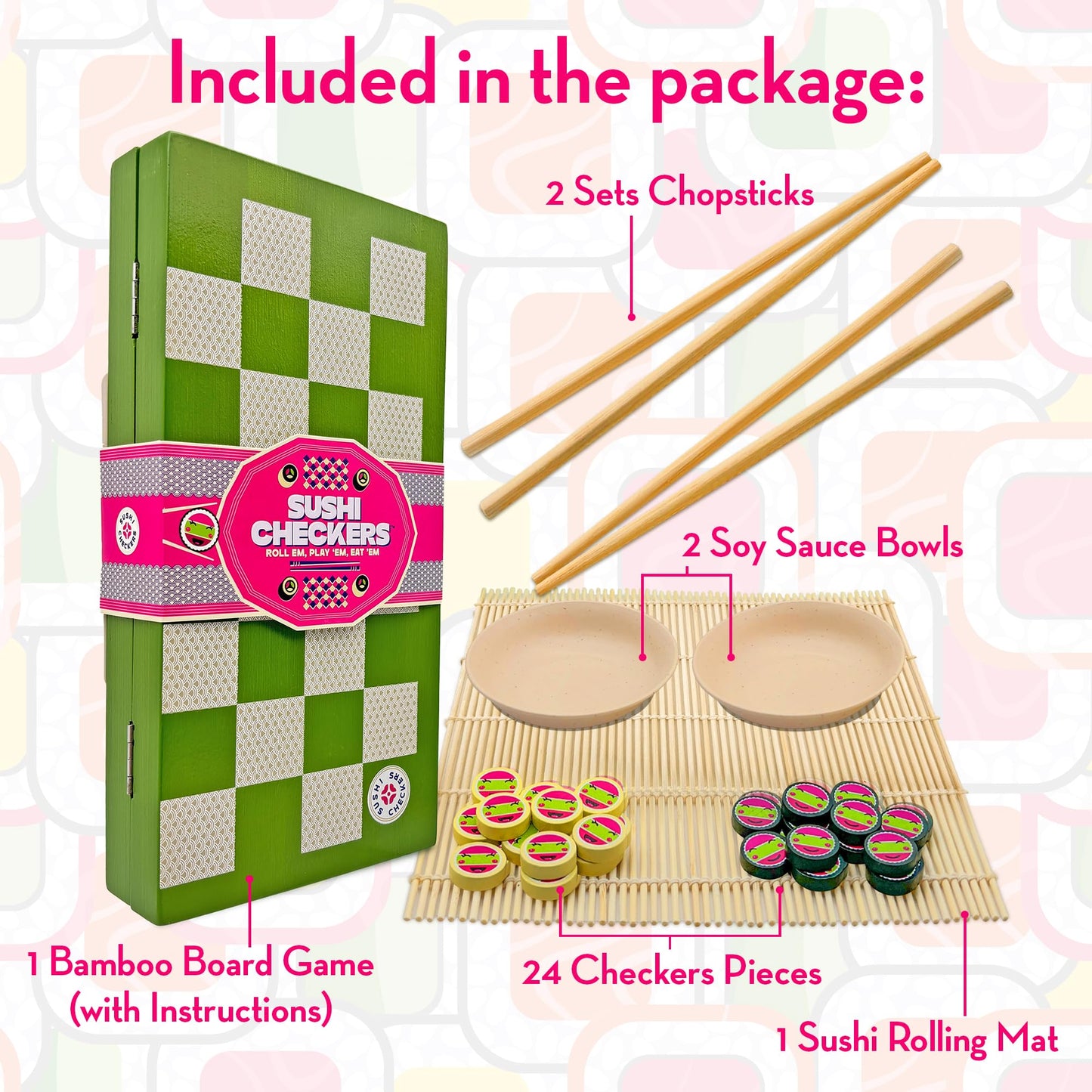 Project Genius: Sushi Checkers - Game & Sushi Making Set, Folding Bamboo Game Board, 24 Checkers & Chopsticks Set, Adults & Kids Ages 8+, 2 Players
