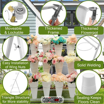 Moforchory flower bar stand, flower display stand with 12 buckets, 3 Layers Flower Cart White Metal Flower Bar Stand with Wheels, Moving Florist Bouquet Shelf for Indoor Outdoor Patio Garden Weddings Florist Living Room