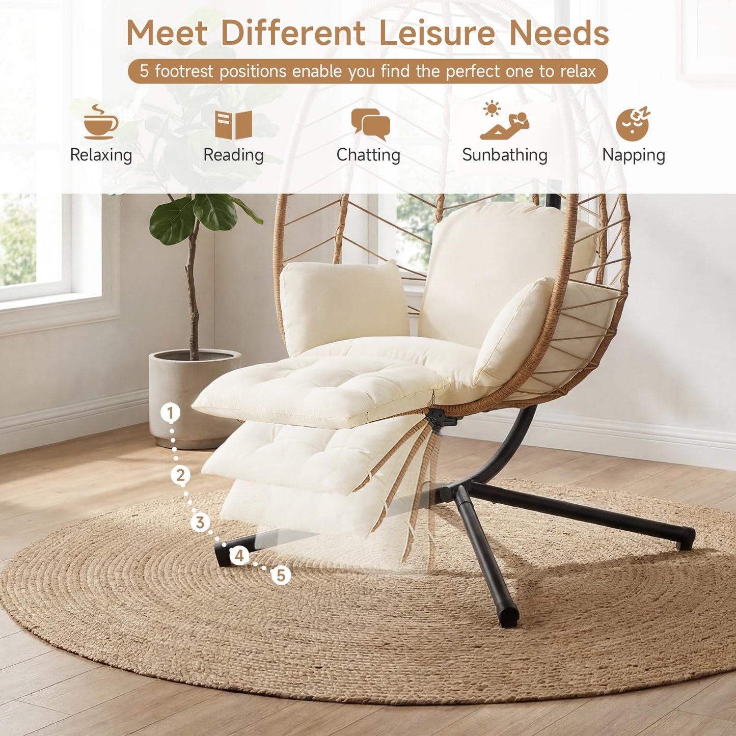 Wicker Egg Chair Outdoor, Hammock Chair with Footrest & Stand, Patio Swing with Cushion & Double Chains, Hanging Aluminum Alloy Steel Frame, 350LBS Capacity for Deck, Balcony, Beige