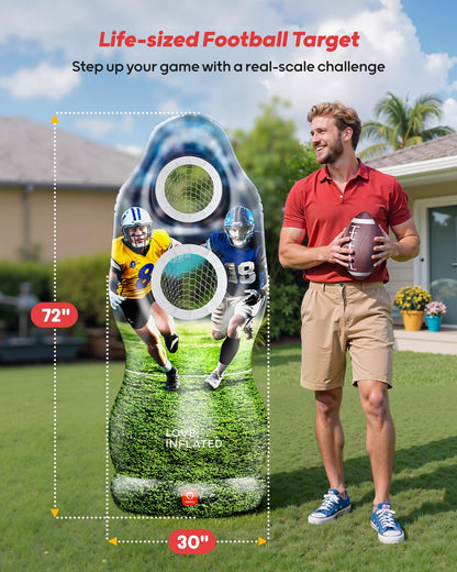 QPAU Life-Size Inflatable Football Target with Dual-Hole & Water-Filled Base - Includes 4 Balls, 2 Pumps & Dry Erase Scoreboard - Heavy Duty Outdoor Backyard Sports Toss Games for Kids, Teens & Adults