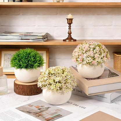 JIUYUETIAN Fake Plants-3-Pack Mini Artificial Pulp Pot Decor, 2 Lilac Flower Balls & 1 Grass, No Maintenance for Desk Bathroom Home Office Shelf