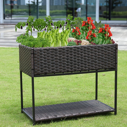 Chonsun Raised Garden Bed - 3x1.5x2.5 ft Rattan Raised Bed Wicker Elevated Raised Garden Bed with Underneath Tool Storage Rack Shelf, Outdoor Raised Flower Planter Box