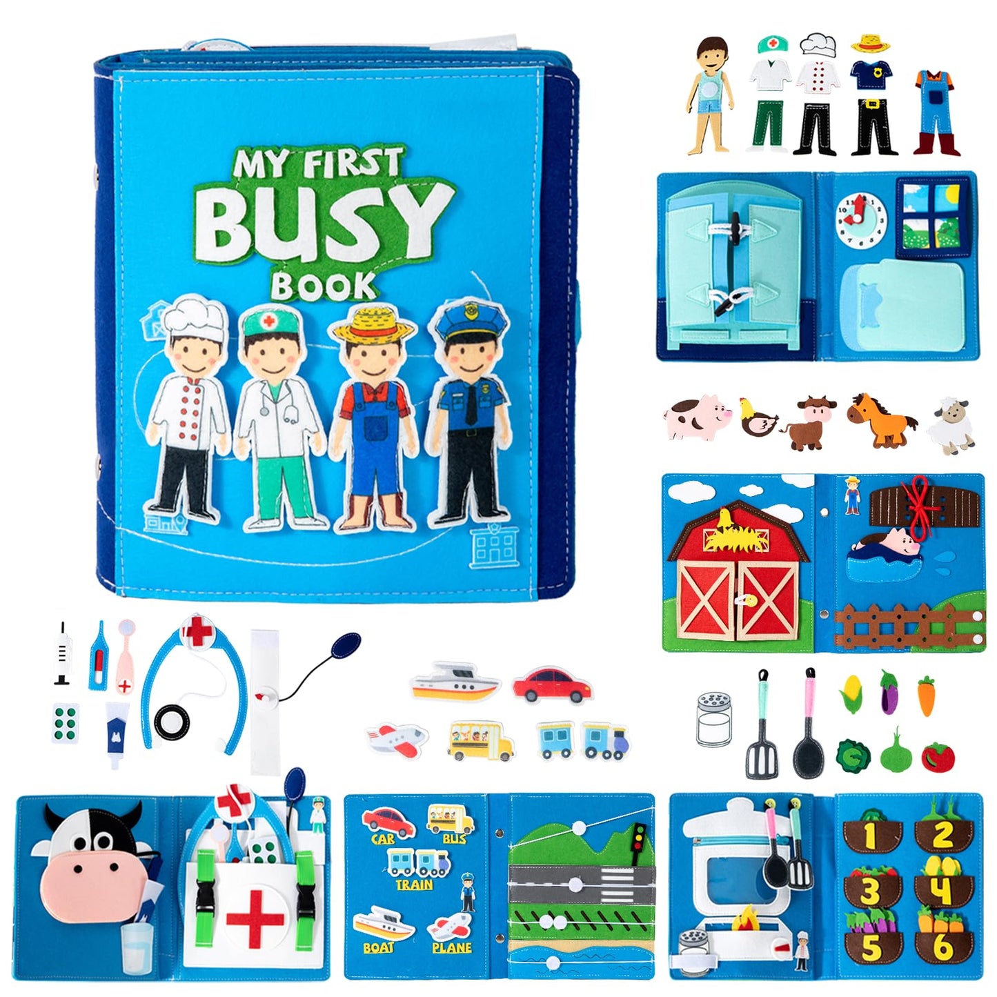 YunHe XinQiao Toys Factory My First Busy Book for Toddlers 3-5, Montessori Quiet Book with Life Skills Activities, Sensory Activity Book for Kids, Travel Toy for Airplane, (4 Career Roles)