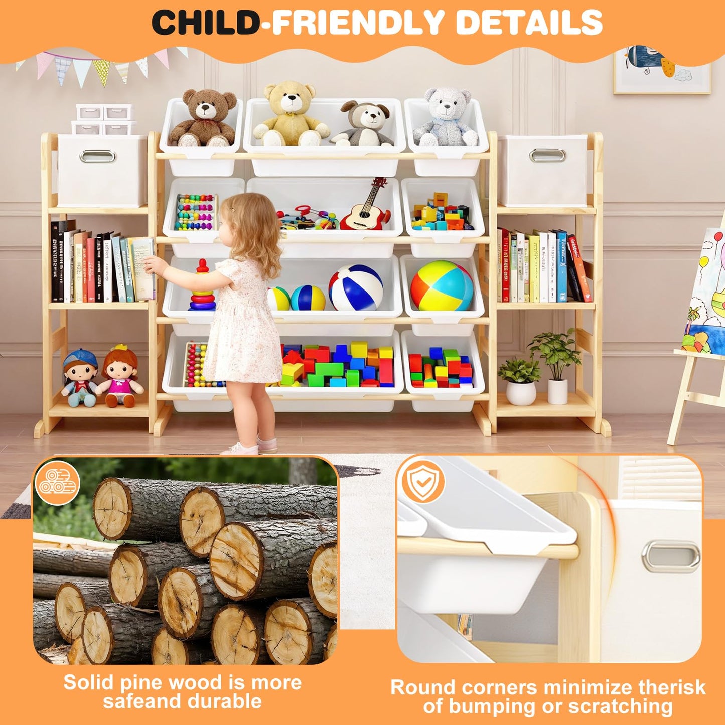 MICZG Extra Large Toy Storage Organizer for Kids - 3-in-1 Wooden Bookshelf with 6 Shelves, 12 Bins + Free 2 Storage Boxes, Anti-Tip for Playroom/Nursery