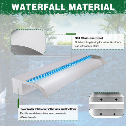 Waterfall Pool Fountain, LONGRUN Stainless Steel Waterfall Spillway for Pools and Ponds - 35.4" Wide Decorative Water Feature for Swimming Pools, Koi Ponds, and Garden
