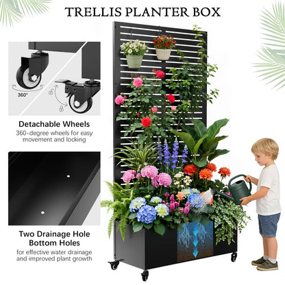 Baotree Metal Raised Garden Planter Bed, 72"x35"x16" Outdoor Planter Box with Trellis and Wheels for Climbing Plants, Vegetables & Vines, Features Drainage Holes and Privacy Screen (Black-Louvered)