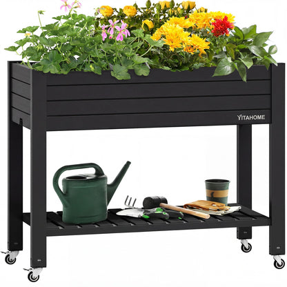 YITAHOME 43.3x17.7x34 in Elevated Garden Bed, Outdoor Plastic Planter Box with Wheels, Legs, Drain Plug, and Storage Shelf for Plants, Vegetables, Flowers, Herbs, Black