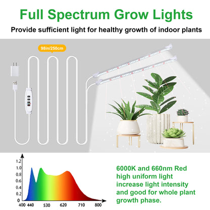 2 Head 13" Growing Lamp for Indoor Plants, Red & White Full Spectrum LED Grow Light Strips with Auto ON/Off, 3/9/12H Timer,10 Dimmable Levels for Green House Seedlings