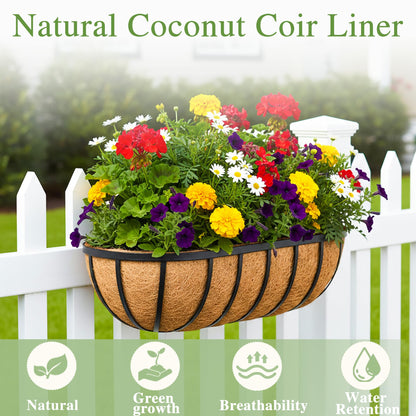 EIMQUVW 30 Inch Railing Planter Window Box Deck Balcony Rail Planter with Coco Liner Metal Wall-Mounted Coconut Liner Basket English Horse Trough for Outdoor Balcony Porch Fence Patio (2 Pack)