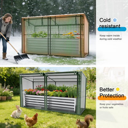 HEAHOLD Galvanized Raised Garden Bed with Greenhouse Cover – 17" Tall Metal Planter Box for Vegetables, Herbs, Flowers, Raised Garden Beds Outdoor with Green Cover for Patio, Balcony, Backyard