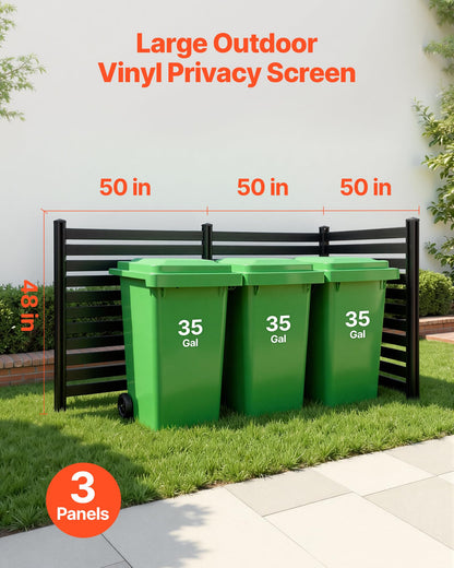 VEVOR 3 Panels Outdoor Privacy Screen, 50 x 48 in Air Conditioner Fence with 27.6 in Ground Stakes, Pool Equipment Enclosure, Vinyl Privacy Fence, Ideal for Trash Can and A/C Units, Black