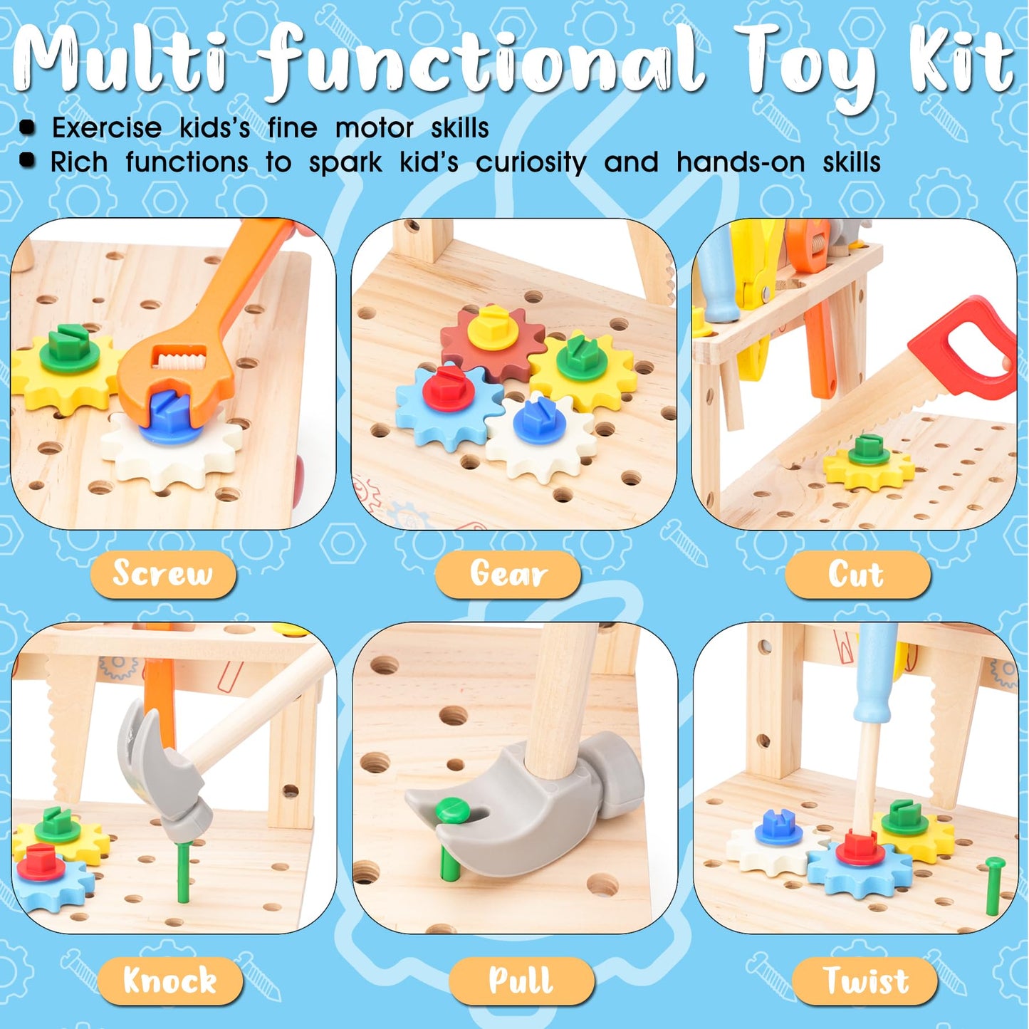 REXBETI Kids Tool Set, Wooden Toddler Tool Set with Apron, Toddler Tool Bench, Educational Montessori Toys for 3 Year Old Boys, Pretend Construction Kits, Birthday Gifts for 3 4 5 Year Old Boy Girl