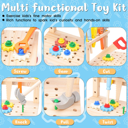 REXBETI Kids Tool Set, Wooden Toddler Tool Set with Apron, Toddler Tool Bench, Educational Montessori Toys for 3 Year Old Boys, Pretend Construction Kits, Birthday Gifts for 3 4 5 Year Old Boy Girl