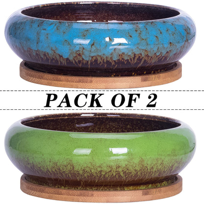 ARTKETTY Succulent Pots, 7.3 Inch Succulent Planters with Drainage Pack of 2, Shallow Bonsai Pot with Tray Ceramic Pots for Indoor Plants Large Cactus Flower Plant Bowl