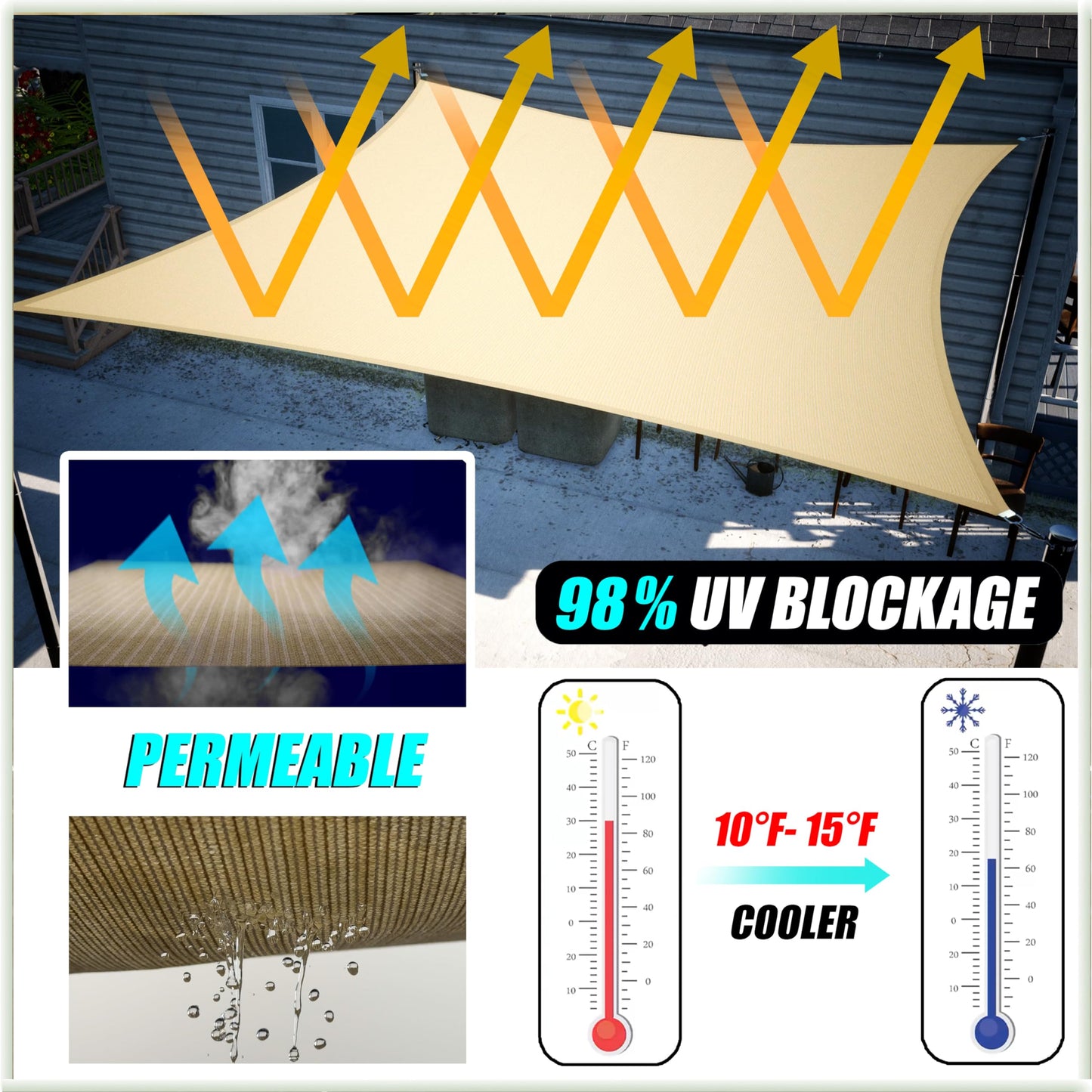 Amgo 10' x 13' Beige Rectangle Shade Sail, 95% UV Block Heavy Duty Sunshade, 200GSM HDPE Breathable Canopy for Patio Deck and Garden (Custom