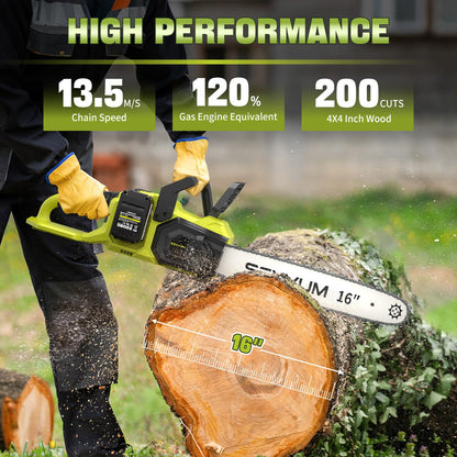 SEYVUM Cordless 40V 16 Inch Chainsaw with 2 x 4.0Ah Batteries, Electric Chain Saw with Tool-free Chain Tension, Auto Oiling, Heavy-Duty for Tree Felling, Firewood Cutting, Pruning
