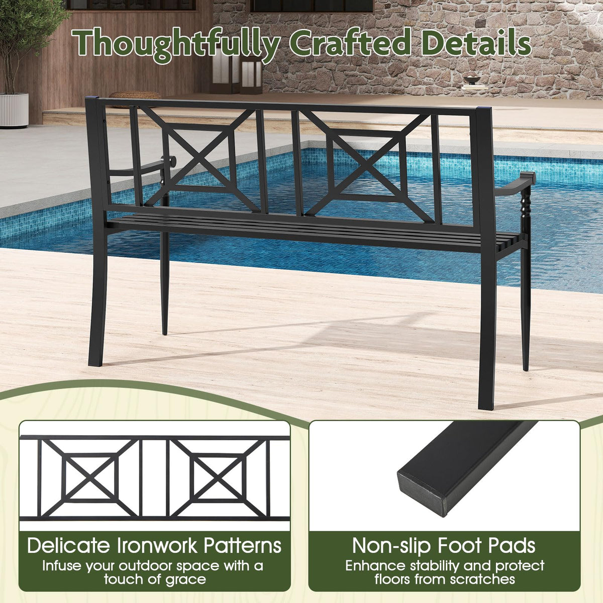 Giantex Metal Outdoor Bench with Backrest, Curved Armrests, Non-Slip Foot Pads, Slatted Seat for 2-3 Persons, Load 660lbs, Loveseat, Patio Bench for Garden, Yard, Poolside, Lawn, Porch, Park, Black