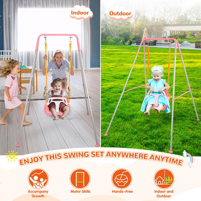 3-in-1 Toddler Swing Set, Indoor & Outdoor Baby Swing Heavy Duty Swing Set with Foldable Metal Stand for Aged 6 Months to 10 Years Old, Easy to Assemble and Store (Pink)