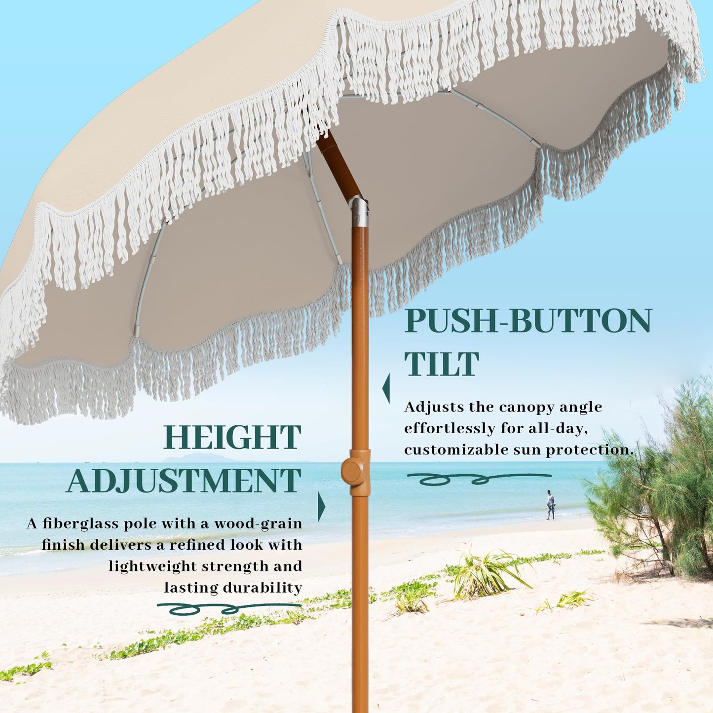 AreShark 7ft Patio Umbrella with Fringe, UPF50+ Beach Umbrella for Table, Pool & Garden, Portable Outdoor Tassels Umbrella w/Fiberglass Ribs&Push Bottom Tilt(Ivory)