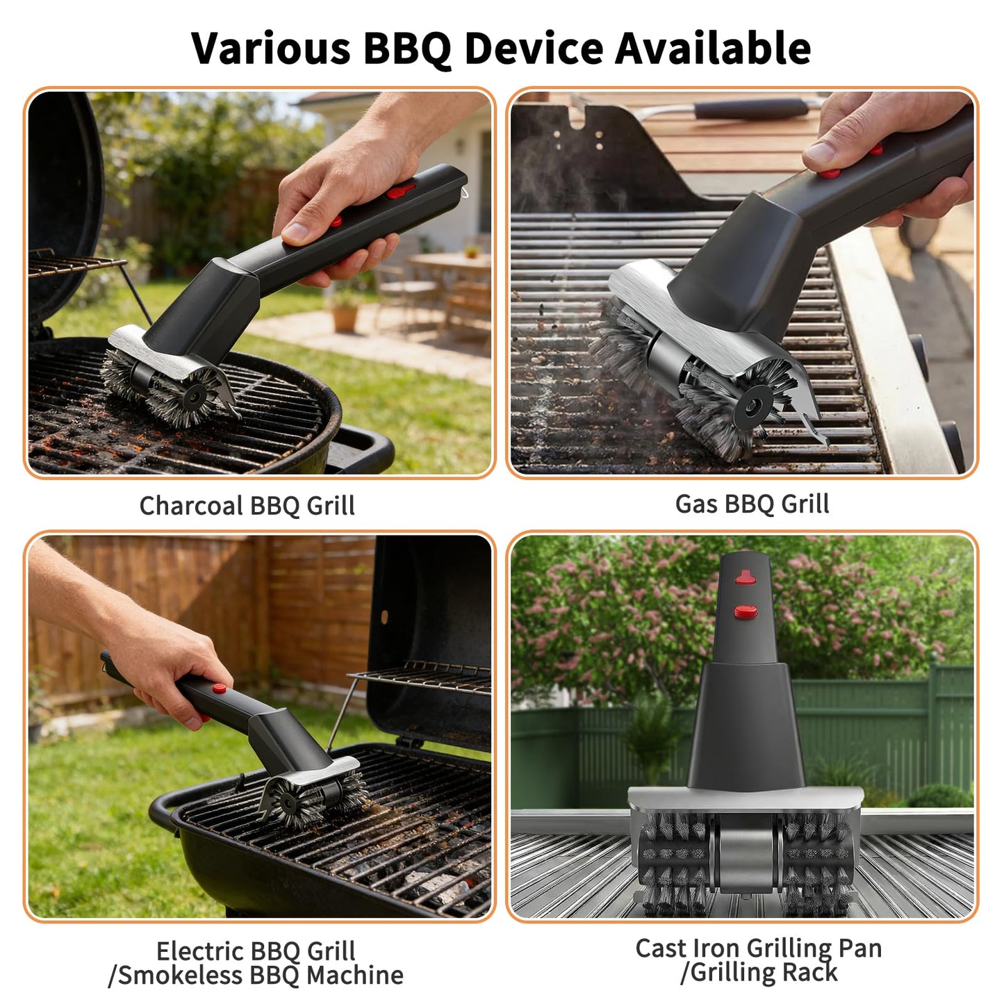Hitish Cordless Electric Grill Brush for Outdoor - Waterproof BBQ Grill Cleaner with Lights Water Spray - Grill Cleaning Brush for Burnt-On Grease&BBQ Grates, 90 Mins Runtime, 2 Stainless Heads Refill
