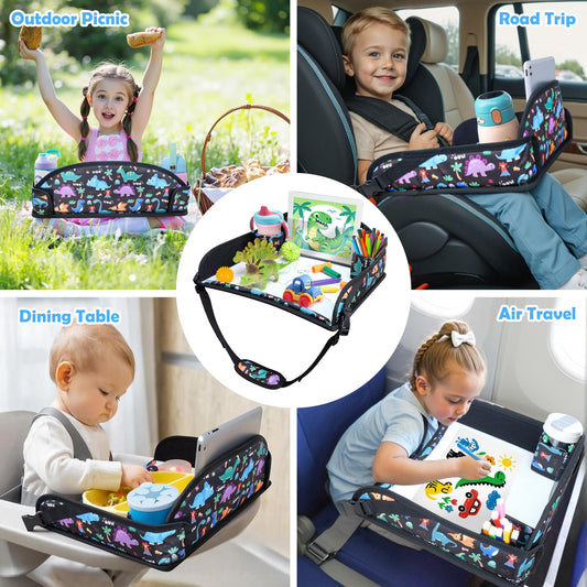 AZAMIA 2Pcs Kids Travel Tray for Toddler Carseat, Road Trip Activities Essentials for Toddler, Kids Lap Desk Tray with Tablet Holder Stand ＆ Dry Erase Board (Dinosaur-2Pcs)