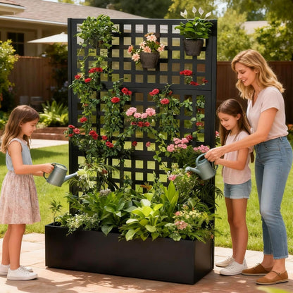 Callales Metal Planter Box with Trellis, Black Raised Garden Bed, Privacy Screen Planters with Trellis for Climbing Plants Vegetable Flowers Outdoor Indoor, Large 2Pcs Set