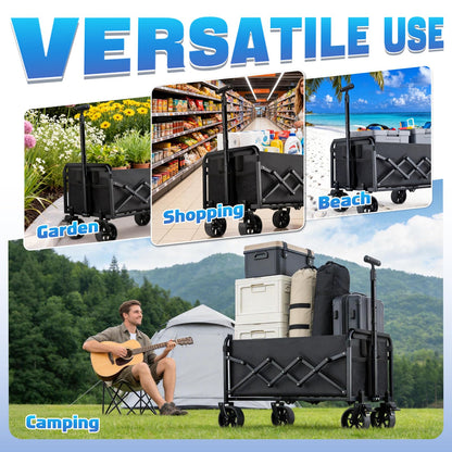 Collapsible Wagon Cart Foldable with Wheels - Heavy Duty 360LBS Portable Folding Utility Shopping Cart with 360° Swivel Brakes Wheels & Cup Holders for Outdoor Camping Beach Grocery Garden