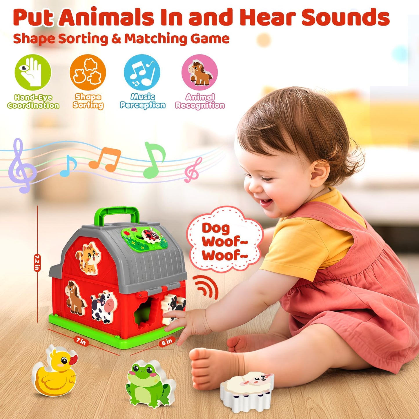 Toddler Toys for 1 2 3 Year Old Boys Girls, Upgraded Musical Farm Animal Barn Toy Gifts, Montessori Fine Motor Skill Learning & Educational Toys, Christmas Birthday Gift for Baby 12-18 Months+