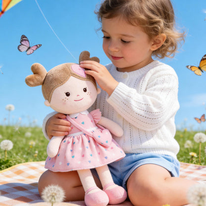 Onetoo First Baby Dolls Plush Rag Doll Soft Baby Toy Girls Sleeping Cuddle Buddy Doll Wear Pink Dress 14"