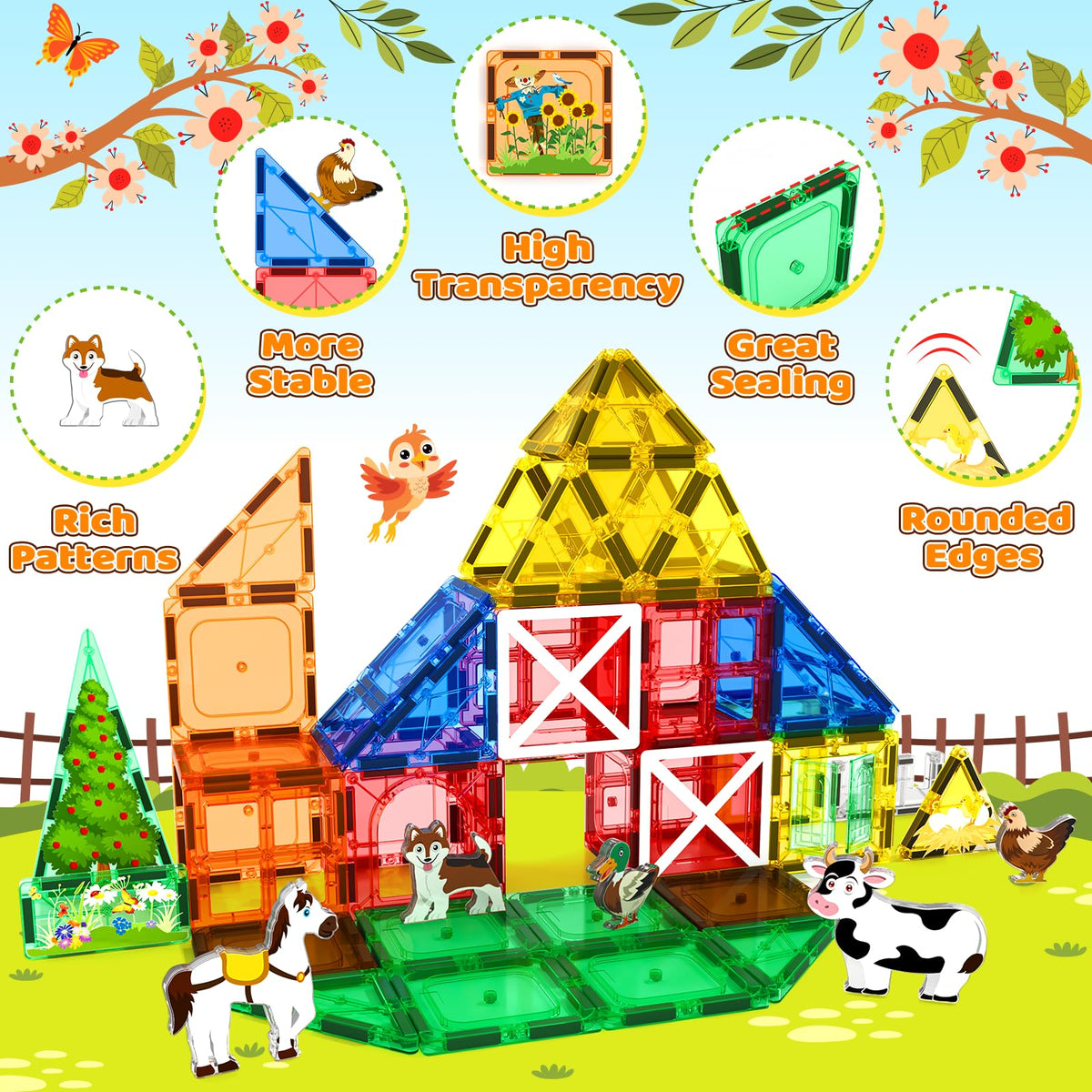 Magnetic Tiles Toys with Farm Animals for 3+ Year Old Toddler, Magnetic Blocks Building Toys for Kids Ages 3-5 5-7 Girls Boys, Classroom Must Haves