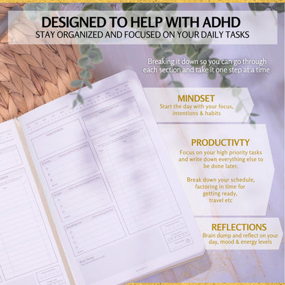 ADHD Daily Planner for Neurodivergent Adults – Premium Leather Productivity & Task Management Planner with Guided Focus Pages, 170gsm Paper, Gold Foiling & Gift Box – Undated Organizer | A5 (Nude)