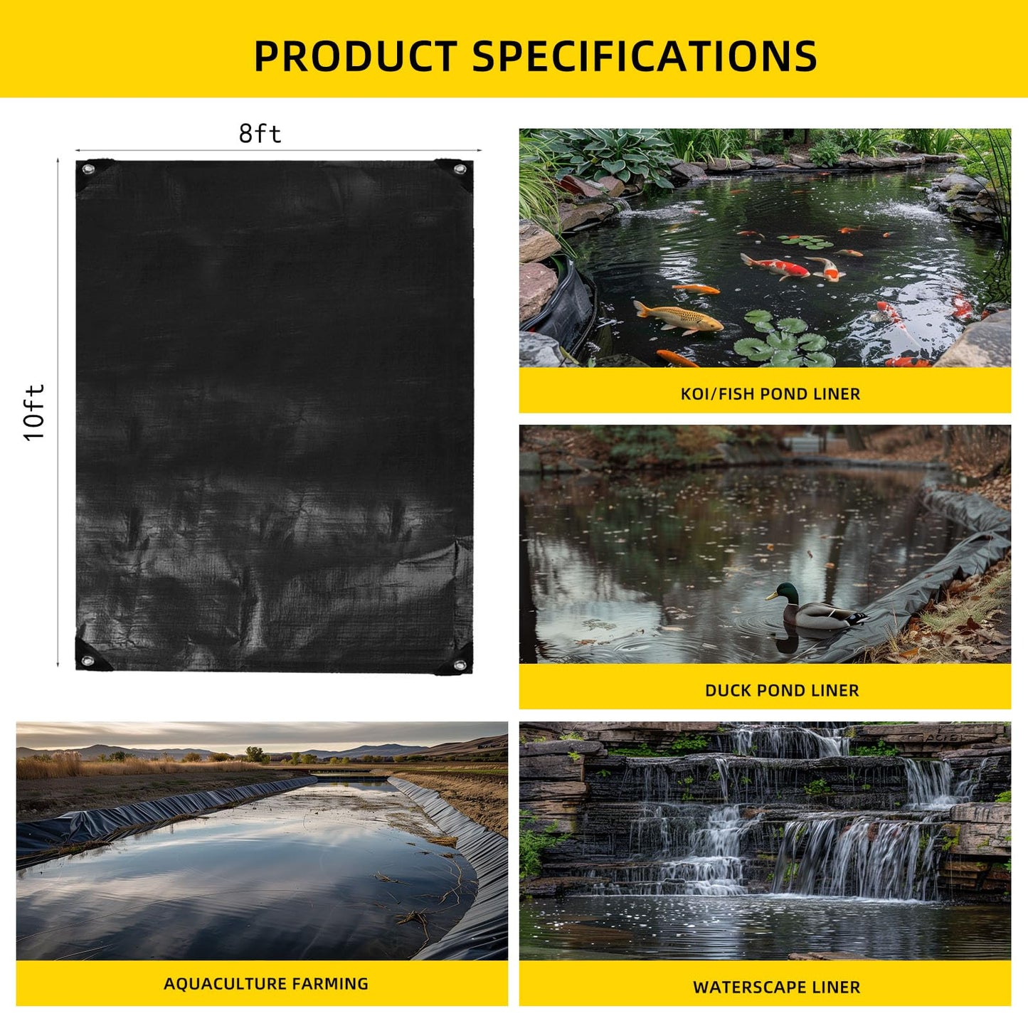TEZONG Pond Liner,8x10Ft Pond Liners for Outdoor,28Mil PE Black Koi Fish Pond Liner,Reinforced Pond Underlayment for Water Garden,Waterfall,Fountain