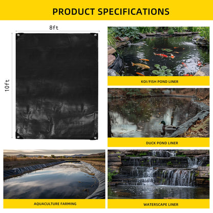 TEZONG Pond Liner,8x10Ft Pond Liners for Outdoor,28Mil PE Black Koi Fish Pond Liner,Reinforced Pond Underlayment for Water Garden,Waterfall,Fountain
