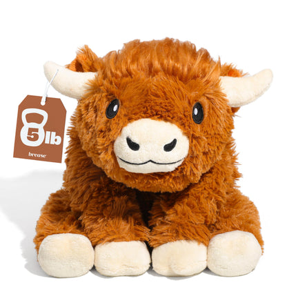 Brease 5 lb Unscented Weighted Brown Highland Cow Plush Toy - Large, Cozy Stuffed Animal for Comfort & Calm, Soft and Huggable Companion for Kids & Adults, Ideal Heavy Plushie for All Ages