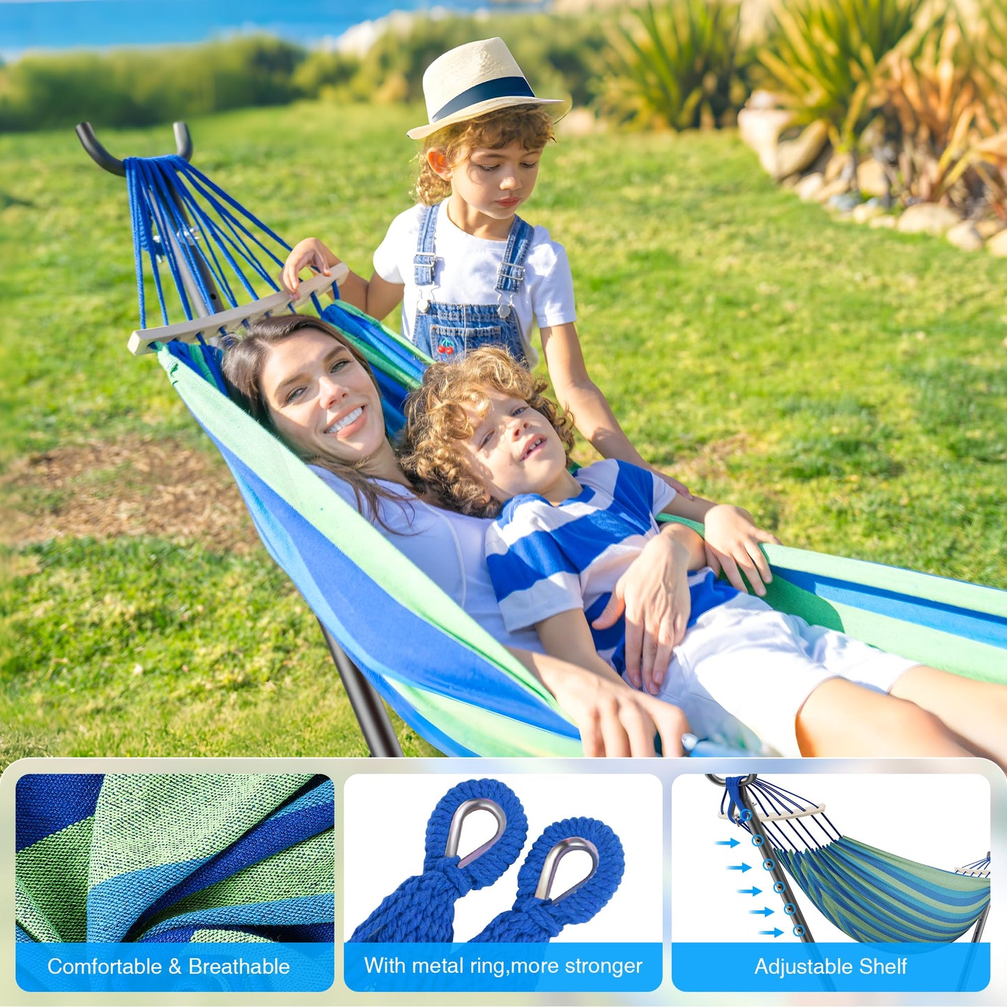 ANAGOO Double Hammock, Heavy Duty Portable, 500 lb Weight Capacity, Perfect for Both Indoors and Outdoors, 2 Person Hammock with Carrying Bag, Wide Blue