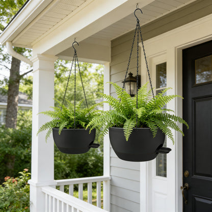 CNLBO 12 Inch Self Watering Hanging Planters 2 Pack, Indoor Outdoor Hanging Pots for Plants with Drainage Holes & Saucers, Black Plastic Hanging Baskets for Kitchen Balcony Garden