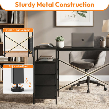 Alpen Computer Desk with Drawers, L Shaped Desk for Bedroom with Power Outlets, Gaming Table with 3 Drawers and Shelves, Corner Desk for Gaming, Study Writing PC Table, 47 Inch, Black
