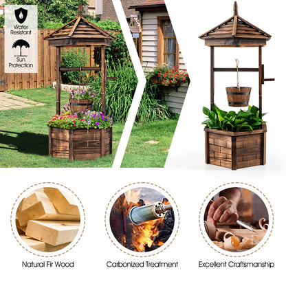 Giantex Rustic Wooden Wishing Well Planter with Hanging Bucket, Roof Shadow, Reinforced Rod, Wishing Wells for Outdoors Backyard Patio Garden Outside Decor