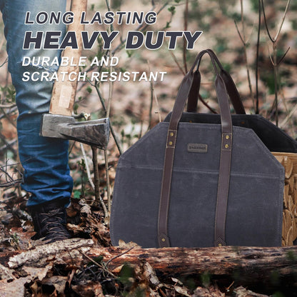 Log Carrier|Waxed Canvas Log Holder|Firewood Carrier Tote Bag|Fireplace Wood Stove Accessories-Grey